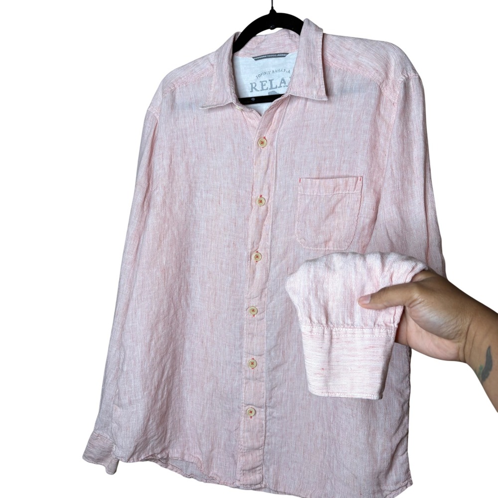Tommy Bahama Relax Mens Large Pink White Striped 100% Linen Button Front Shirt - Picture 1 of 8